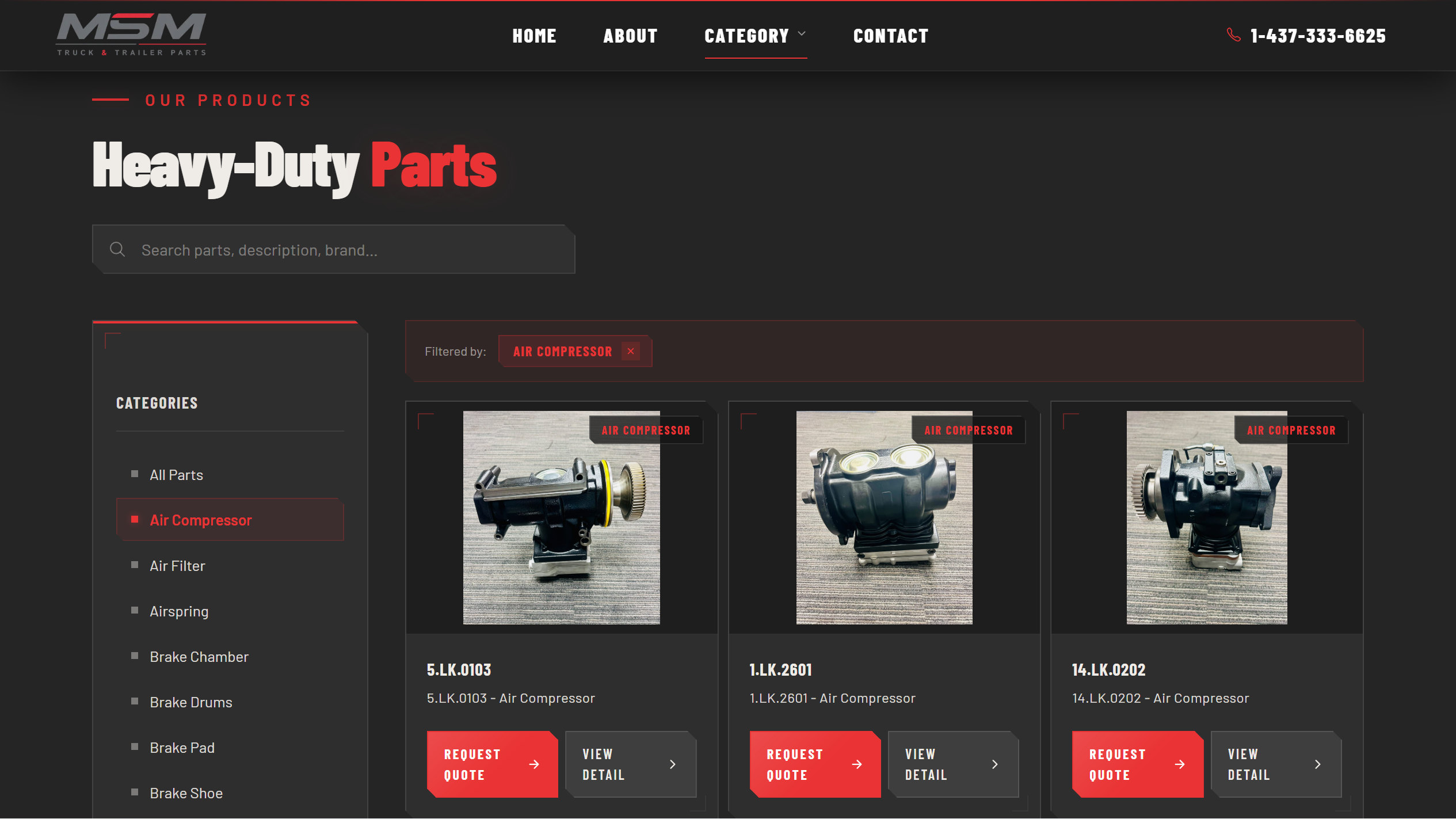 MSM Truck & Trailer Parts — product catalogue page showing heavy-duty truck parts