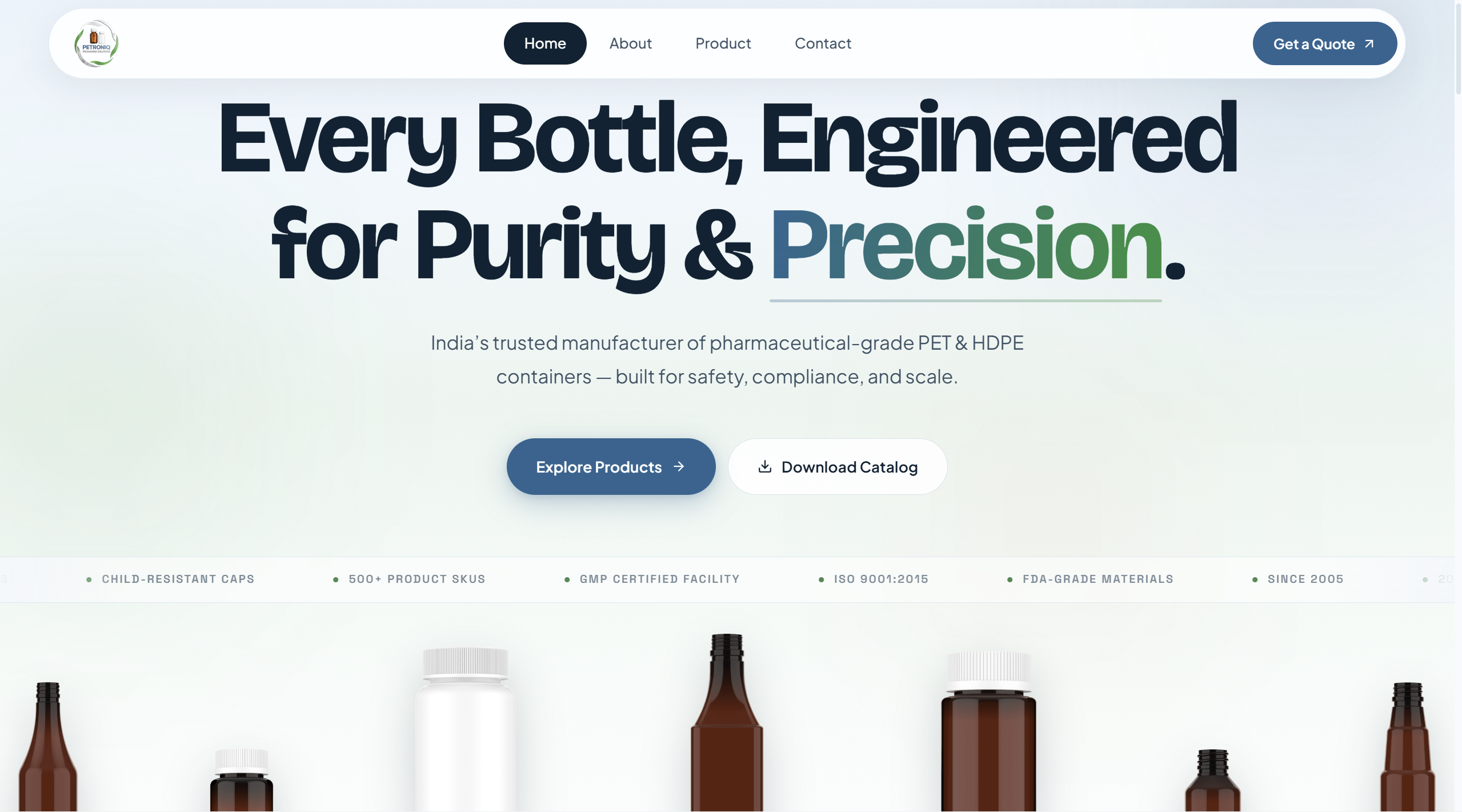 Petroniq Packaging — pharma-grade PET and HDPE manufacturer homepage