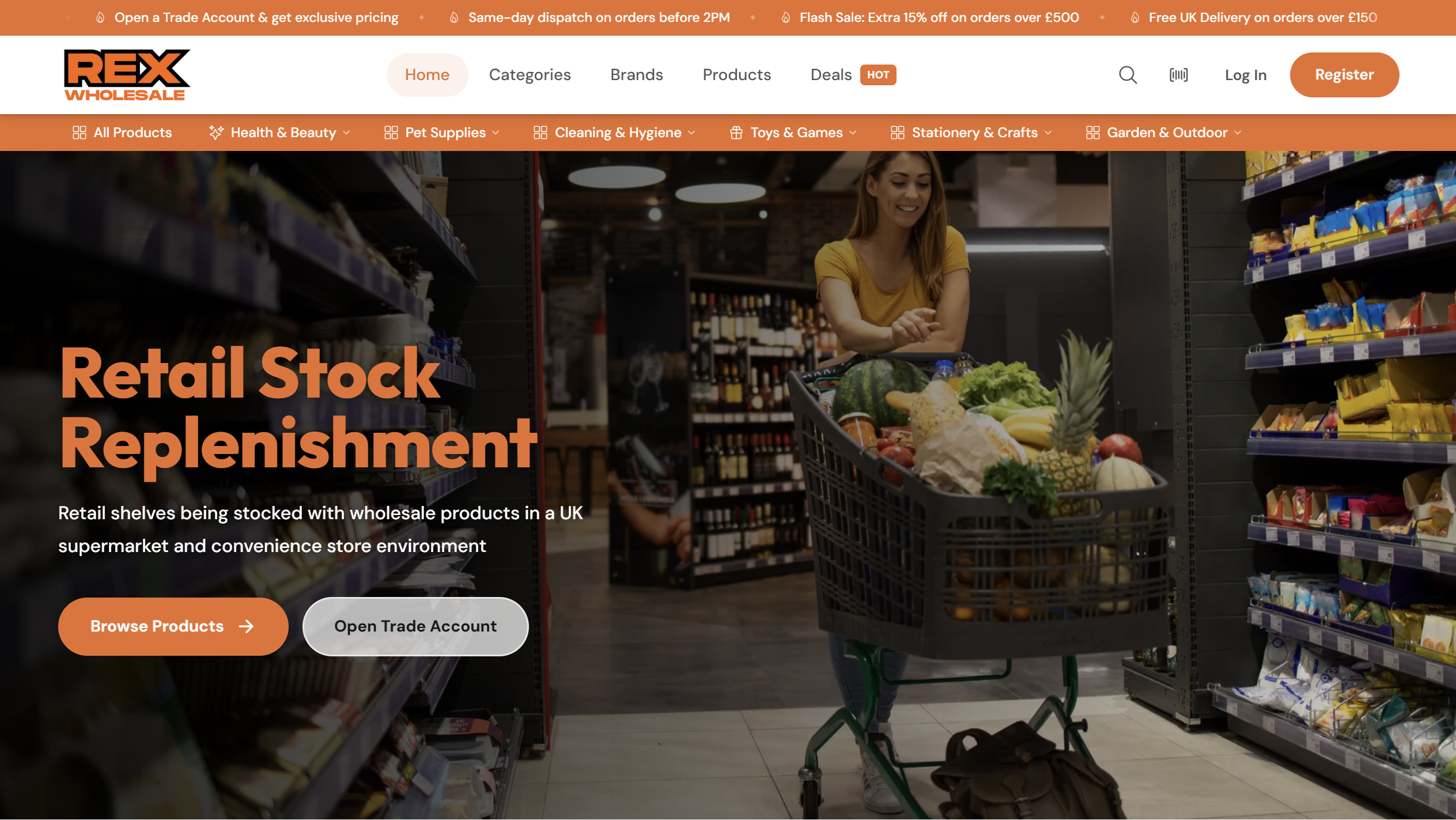 Rex Wholesale — UK trade platform homepage with live deals ticker